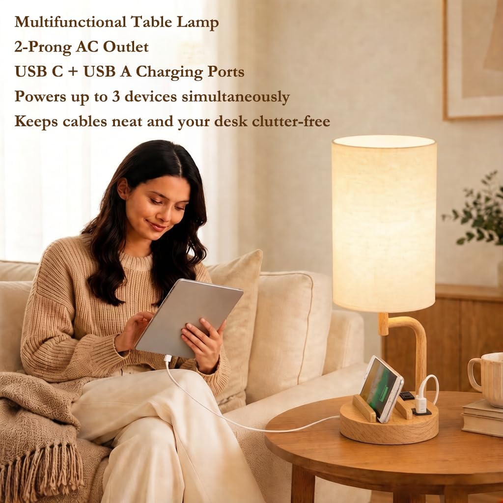 Dreamholder Touch Control USB Table Lamp with USB C/A & AC Outlet, 3-Way Dimmable Bedside Lamp, Modern Nightstand Lamps for Bedroom Living Room Guest Room Office, Bulb Included, Gold