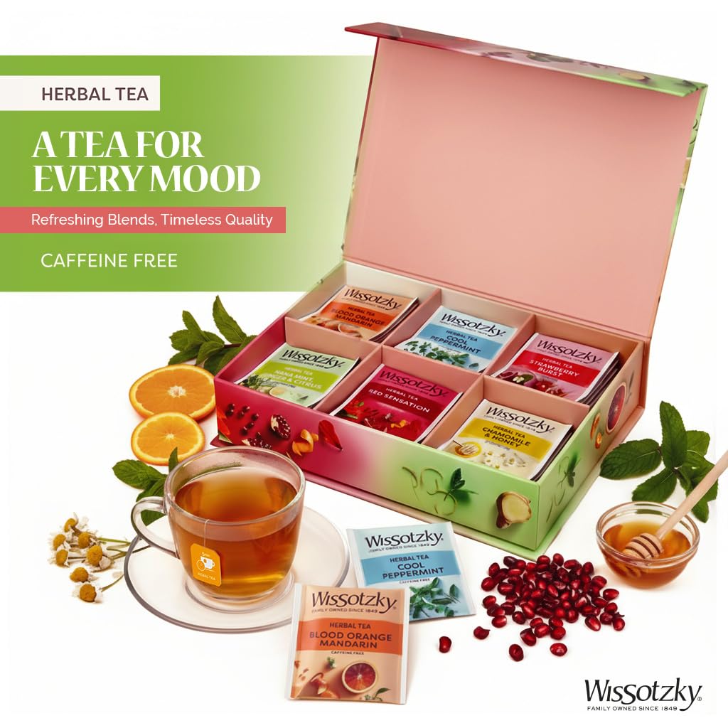 Wissotzky Herbal Tea Gift Set - Variety Pack Sampler (42 Tea Bags) Premium Reusable Gift Box | Caffeine-Free | 6 Exciting Flavors | Individually Wrapped Tea Bags | Ideal Present for Holiday & Corporate Gifting | Magnetic Closure Box | Kosher