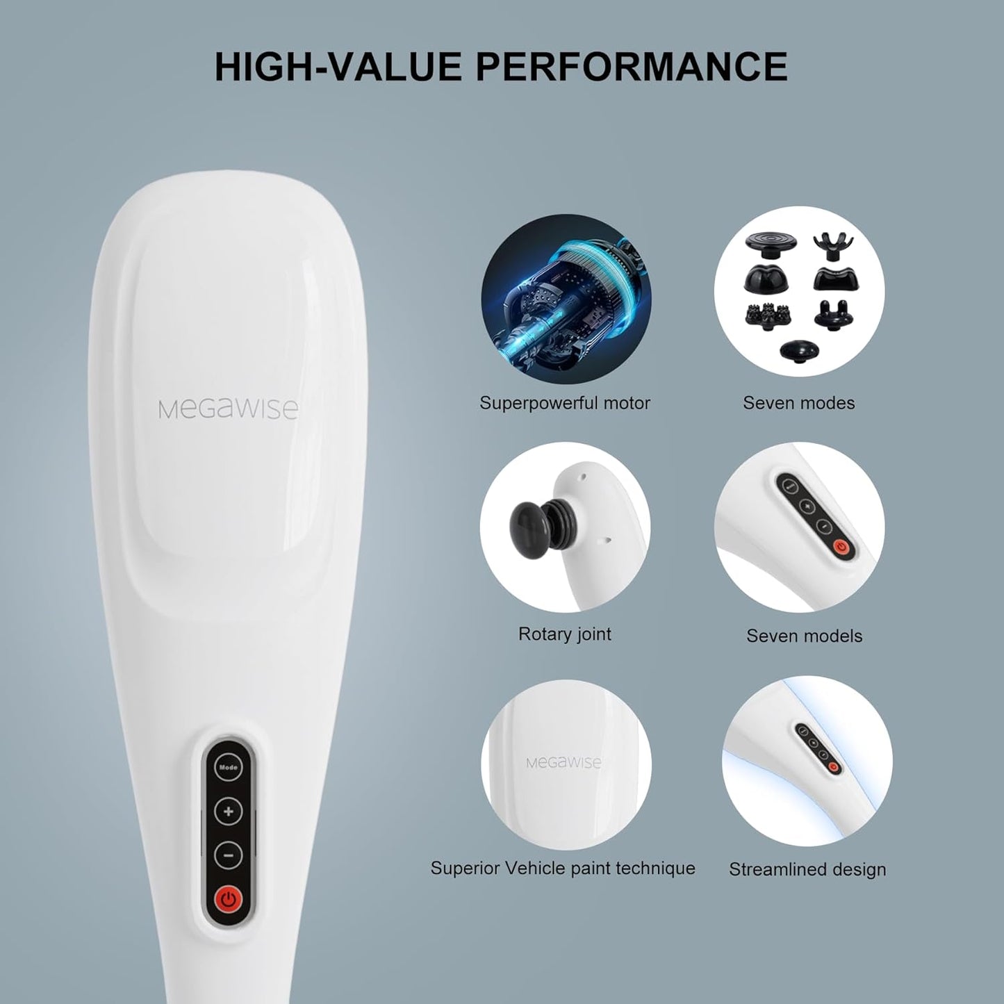 MEGAWISE Handheld Back Massager | Deep Tissue Percussion Massage for Back, Neck, Shoulders, Waist and Legs (Off-White)
