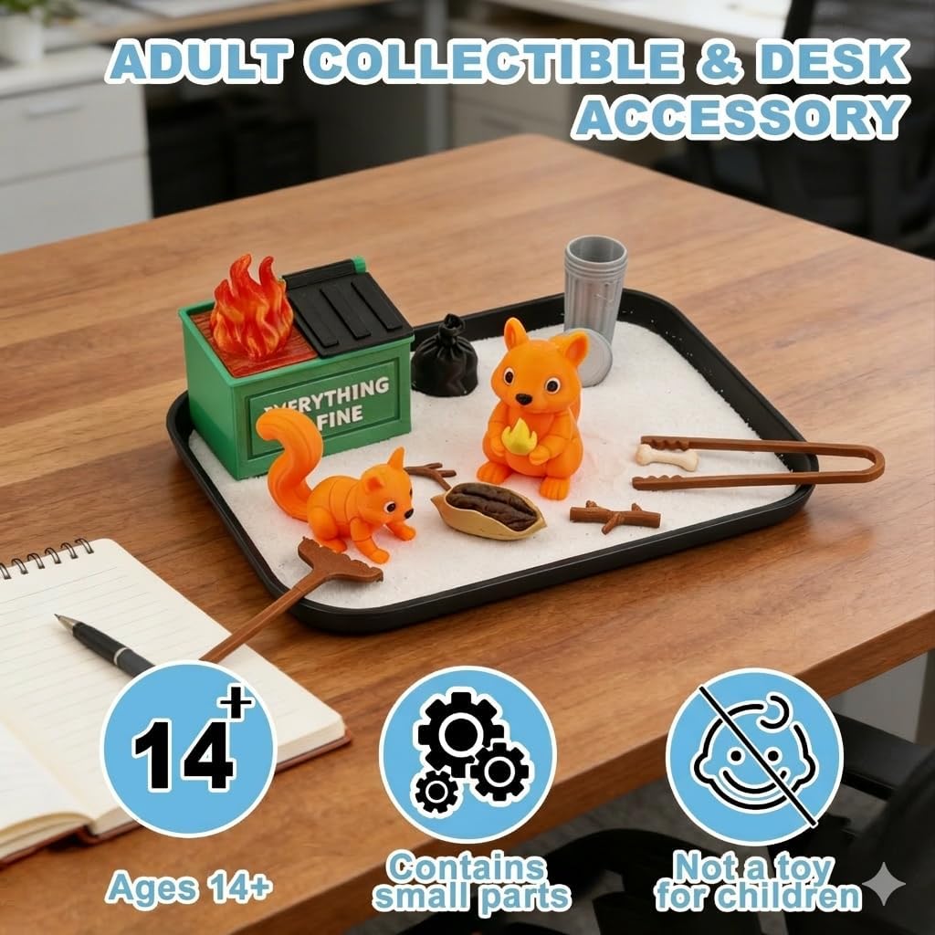 Funny Dumpster Fire Zen Sand Garden Kit, Desk Decor Toy with Mini Rake Tray, Stress Relief Accessory, Office Humor Gift Idea, White Elephant Present, Coworker Novelty Decoration