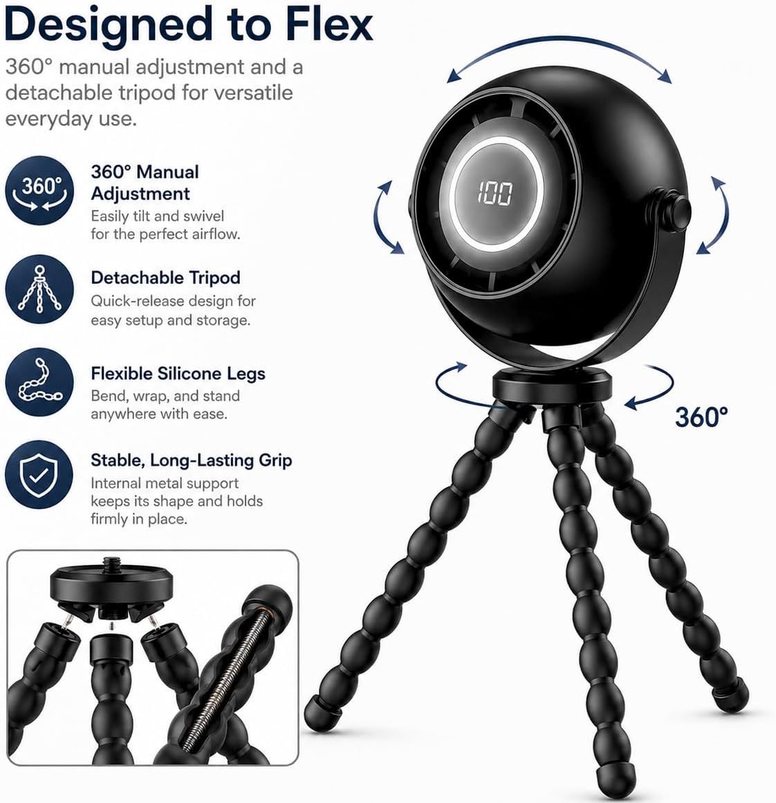 Portable Fan with Flexible Tripod, 4000mAh USB Rechargeable Mini Desk Fan with LED Display, 3 Speeds, 3 Light Modes, Clip On Quiet Small Fan for Dorm Bed Desk Stroller Camping Travel