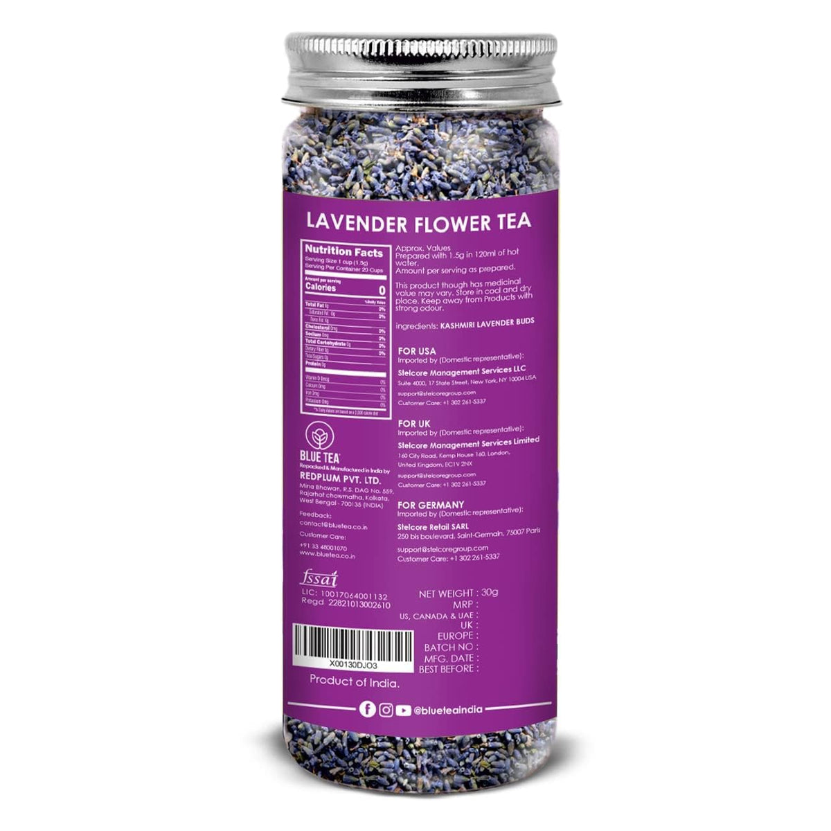 BLUE TEA - Lavender Tea - 1.05 Oz (30+ Cups) Loose | Relaxation & Stress Relief | Calming Tea | Caffeine Free - Herbal Tea - Flower Based - Natural - Non-Bitter | Reusable Pet Jar