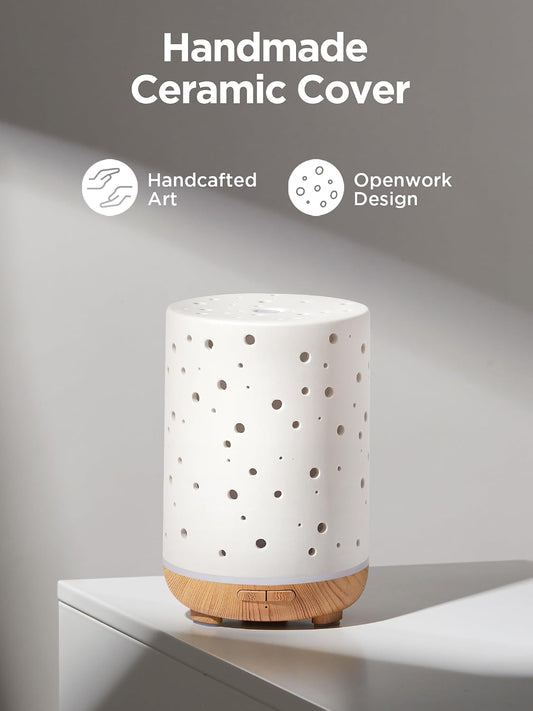 InnoGear Essential Oil Diffuser, 150ml Ceramic Diffuser Handcrafted Stone Aromatherapy Diffusers Ultrasonic Cool Mist Humidifier Vaporizer 2 Mist Modes Waterless for Home, White Vase-Shaped Ceramic