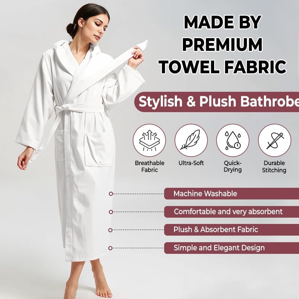 KAHAF COLLECTION Women Hooded 100% Cotton Terry Bathrobe, Soft Absorbent Quick Dry Robe for Spa, Shower & Home Wear