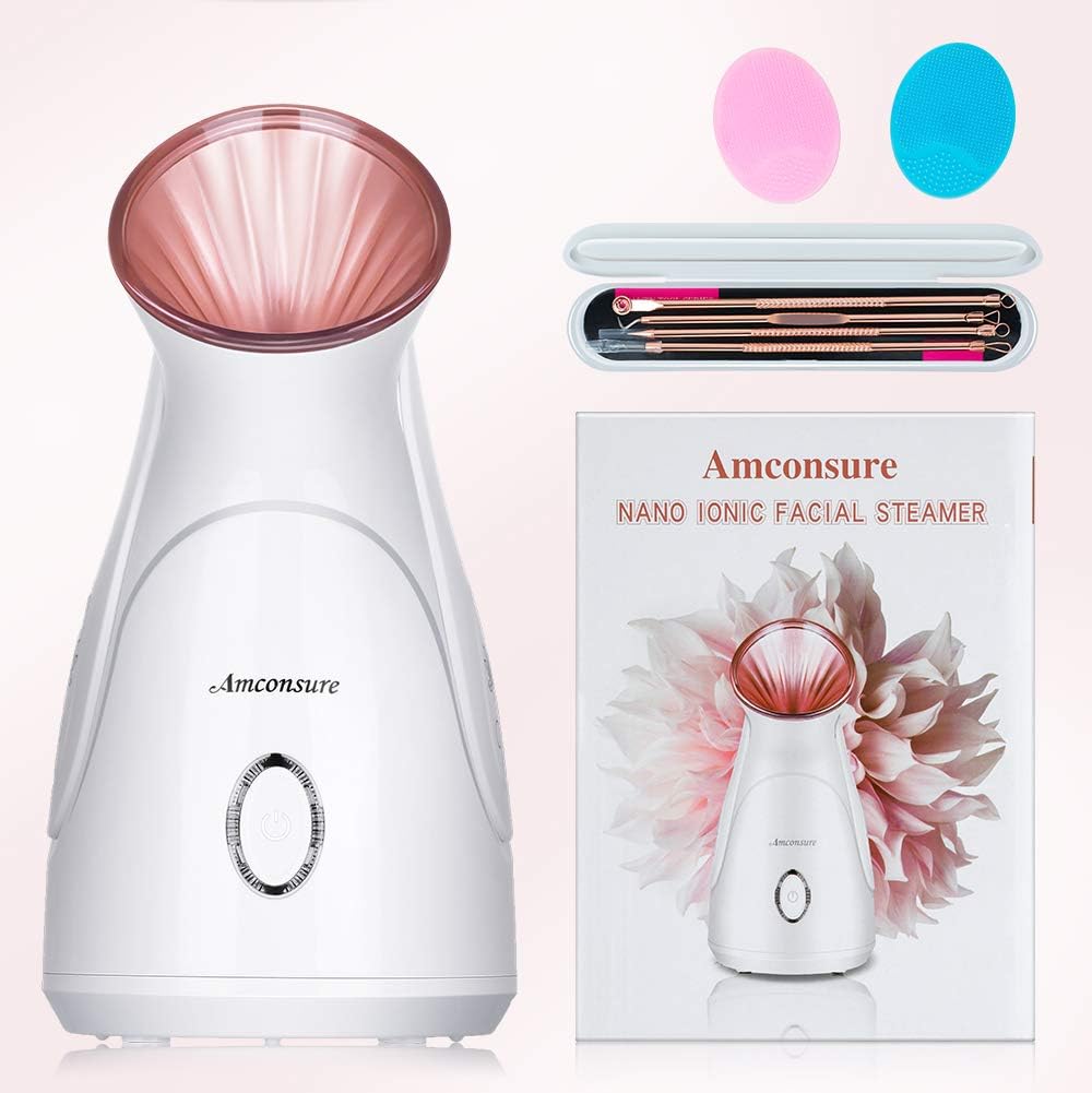 Amconsure Facial Steamer - Nano Ionic Face Steamer Warm Mist Steamer for Home Sauna SPA, Humidifier for Face Steamer for Deep Cleaning Unclogs Pores Sinuses - Bonus 5 Piece Stainless Steel Skin Kit