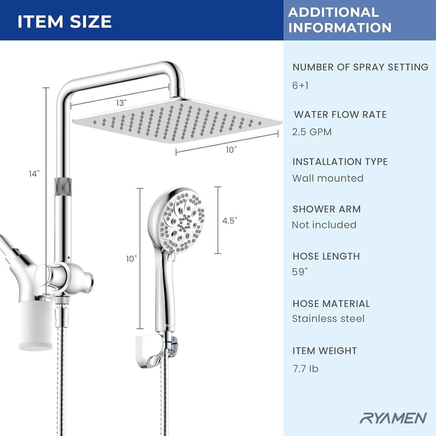 Ryamen Upgraded Dual Shower Heads Combo, 10 inch Filtered Shower Head with Handheld, 3-Way Rain Shower Head with Filters, 7 Settings Handheld Spray, High Pressure, Height Adjustable (Black)