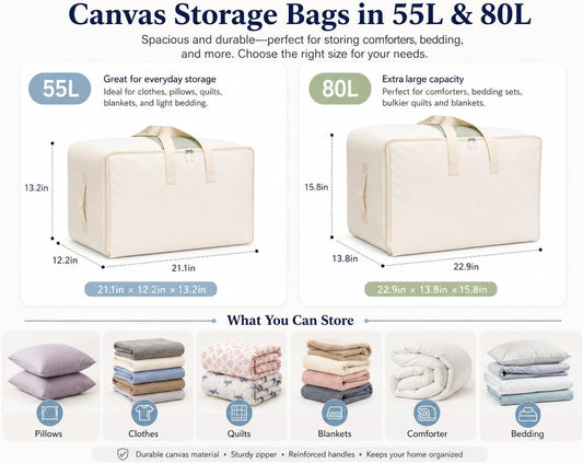 DoYiKe Soft Large Canvas Comforter Storage Bags with Four Carrying Handles and Clear Window, Closet Organizer for Clothing, Blankets Sheets Pillows and Bedding, 80L, Beige