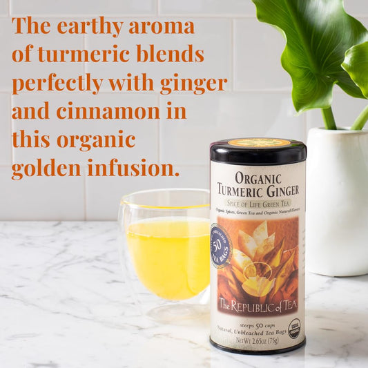 The Republic of Tea Organic Turmeric Ginger Green Tea, Low Caffeine, 50 Ct
