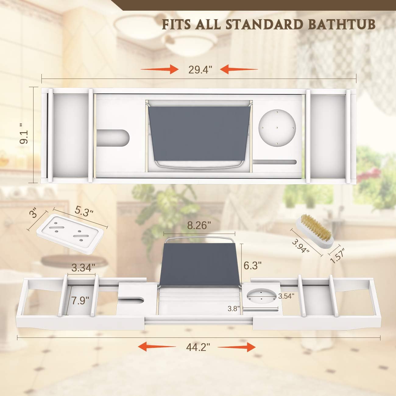 Bath Caddy Tray for Bathtub - Bamboo Adjustable Organizer Tray for Bathroom with Free Soap Dish Suitable for Luxury Spa or Reading