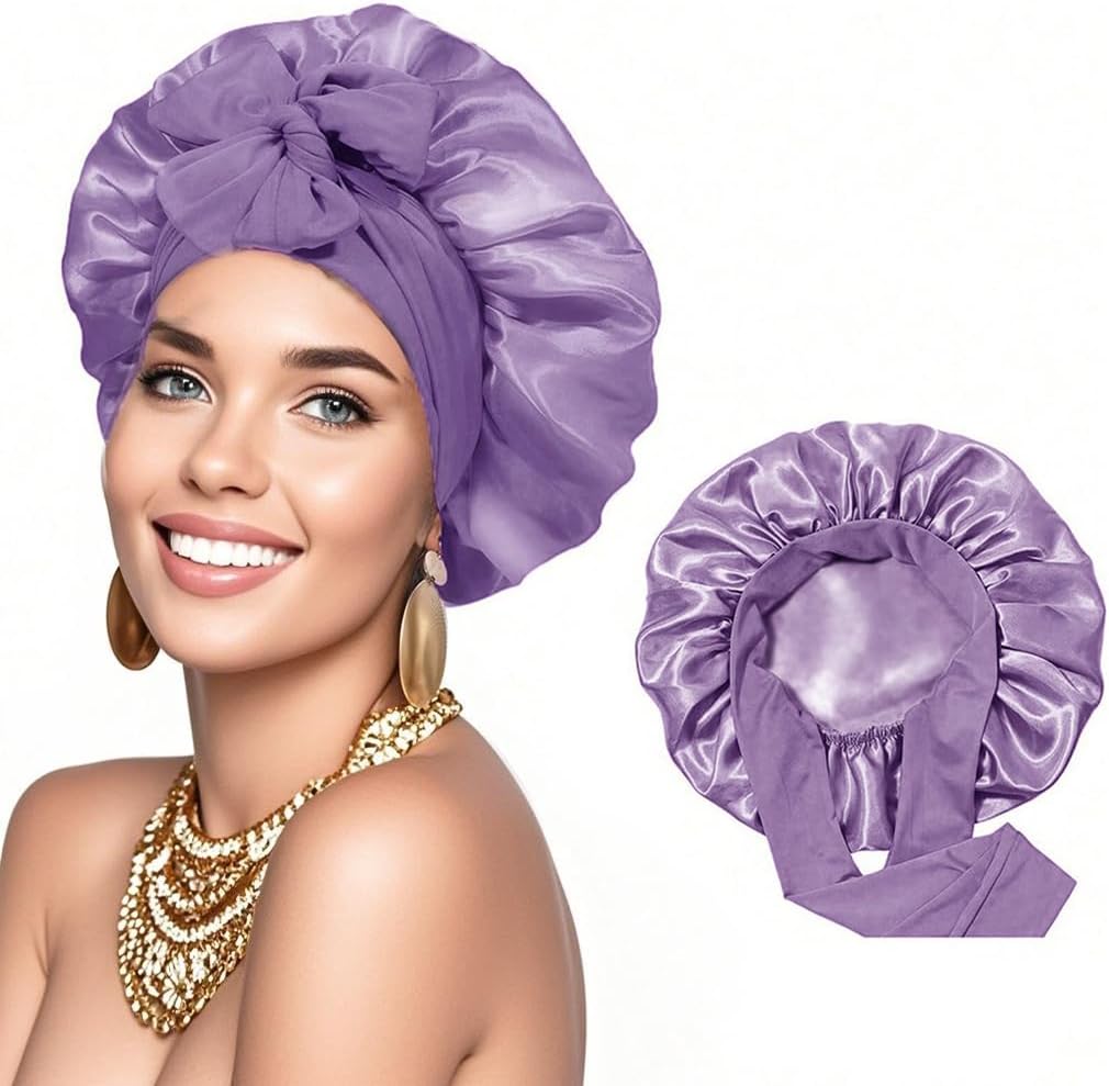 Silk Bonnet for Sleeping, Women Double Layer Satin Hair Bonnet with Elastic Tie Band Sleep Cap for Curly Hair