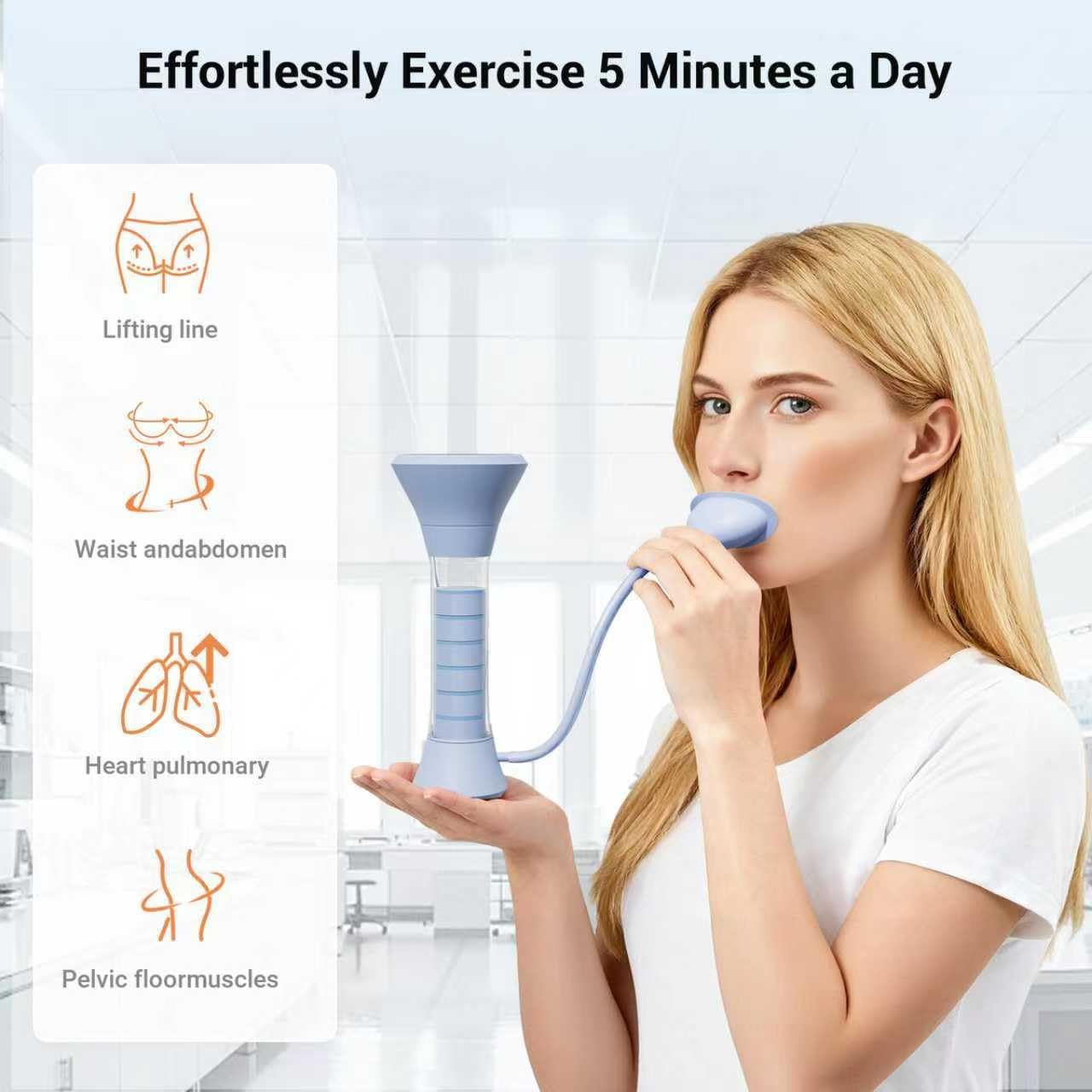 Deep Breathing Trainer, Adult Abdominal Weight Loss Trainer, Easy to Use and Clean, Breathing Dumbbell with 5-Speed Adjustable Type-C Charging Model (Blue)