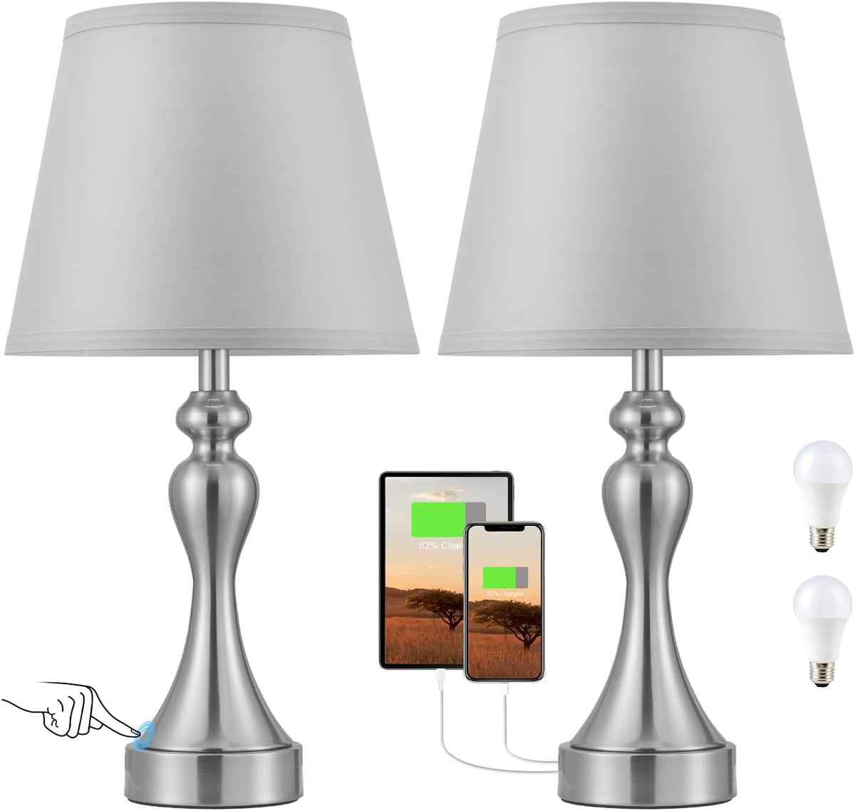Touch Lamps for Nightstand, 3 Way Dimmable Bedside Lamps with USB C+A Ports