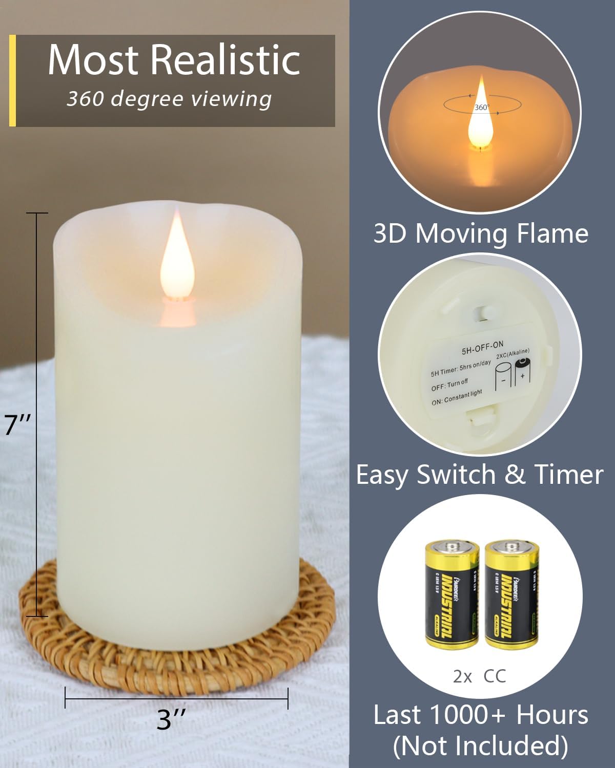 TECHLONG Flickering Flameless Candles with 3D Moving Flame, Last 1000+ Hours Battery Operated Candles with Timer, Ivory Real Wax Pillar Electric LED Candle for Wedding Christmas Party/3" x 5"