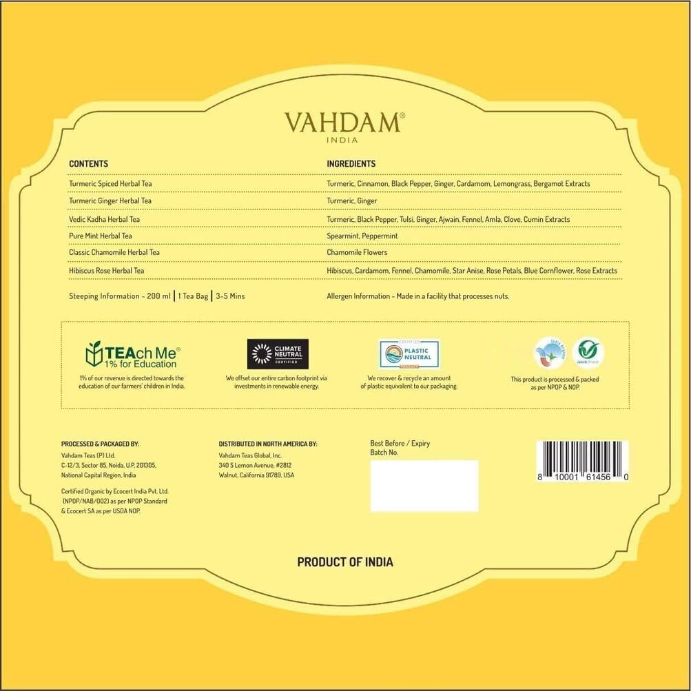 VAHDAM, Assorted Herbal Tea Variety Pack (6 Variants, 36 Tea Bags) Caffeine Free, Gluten Free, Non GMO | Eco Friendly Long Leaf Pyramid Tea Bags I Tea Gift Set for Men and Wome