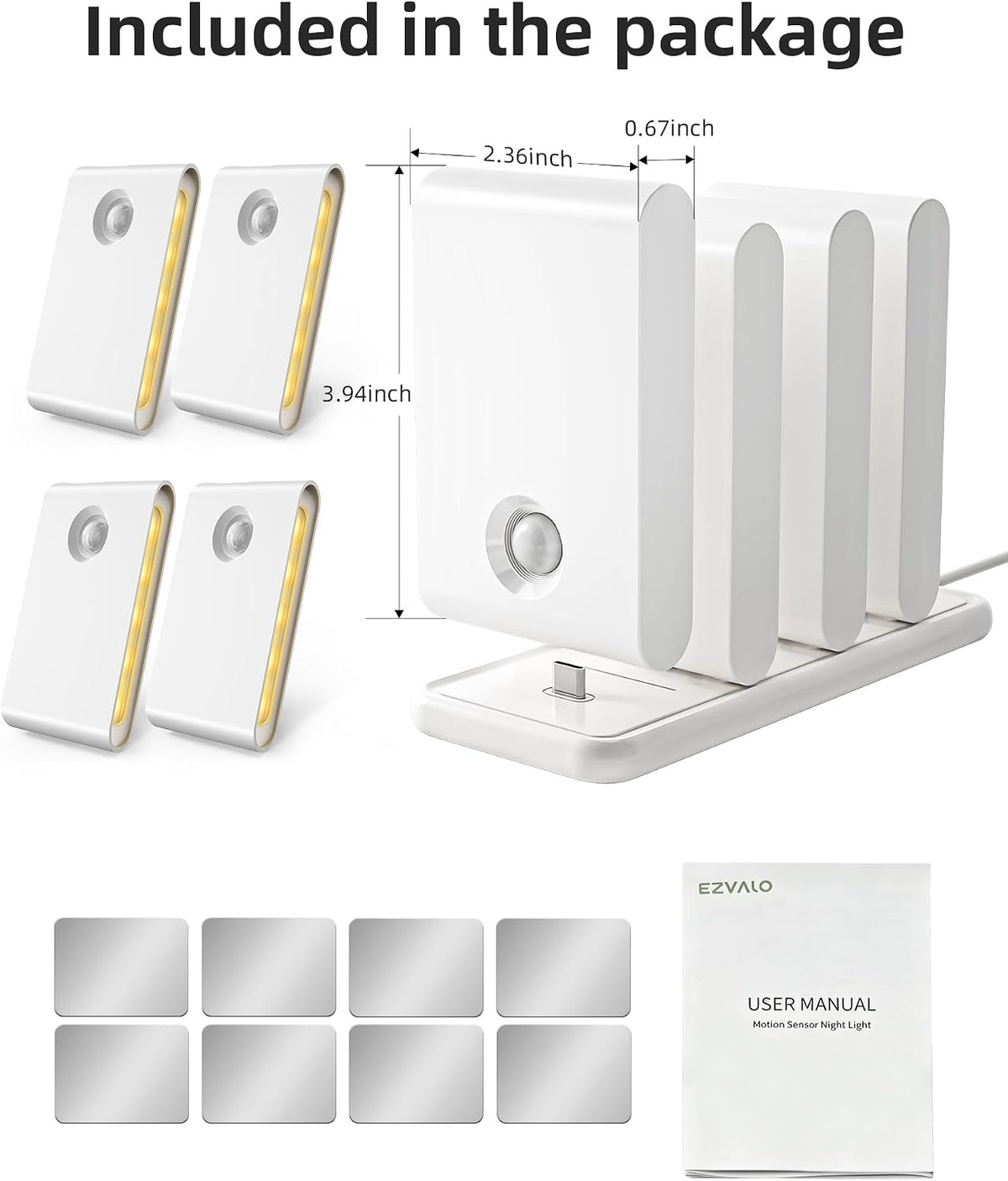 EZVALO Motion Sensor Night Lights Indoor, Rechargeable 1500mAh LED Stair Lights with Magnetic & Dimmable, Auto On/Off 3000K Soft White, Adhesive No Drill for Stairs, Hallway, Bathroom, Closet