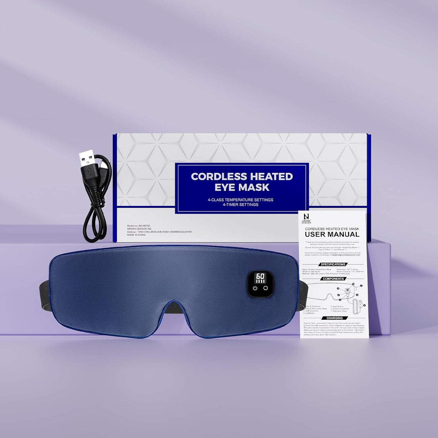 Aroma Season Silk Heated Eye Mask Cordless, 1500mAh Warm Eye Compress for Dry Eyes, Blepharitis, 4 Time Levels and 4 Temperature Settings, Washable (Navy Blue)