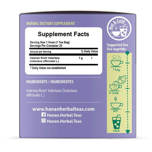Hanan Peruvian Secrets Valeriana Herbal Tea | 100% Natural Valerian Root | 25 Tea Bags | Naturally Aids in Relieving Occasional Stress, Tension | Safely Promotes Sleep and Relaxation