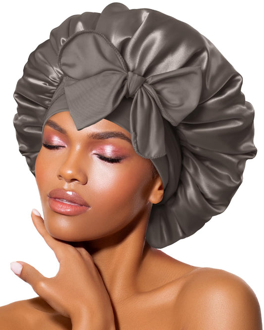 BONNET QUEEN Silk Bonnet for Sleeping for Women Satin Bonnet Night Cap for Curly Hair with Tie Band, Single Layer, Cream Pink
