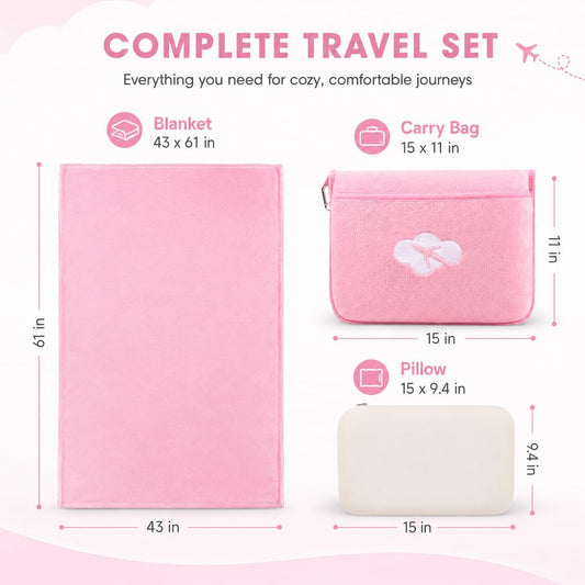 Blanket Pillow for Airplane Travel Essentials -3 In 1 Plane Travel Set Pink
