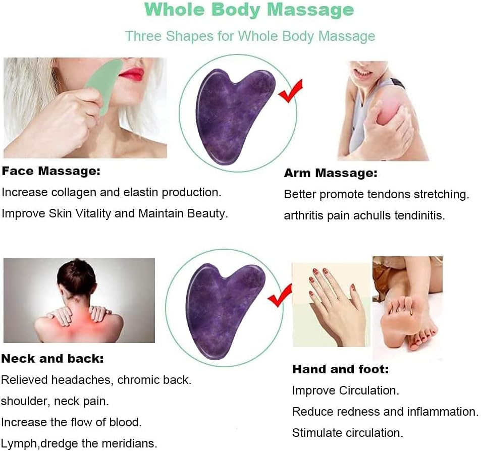 Gua Sha, Jade Stone Gua Sha Massage Tool, Guasha Tool for Face and Body Skin Massage. Gua Sha Set for Toxins Prevents Wrinkles for SPA Acupuncture, Therapy Trigger Point Treatment.