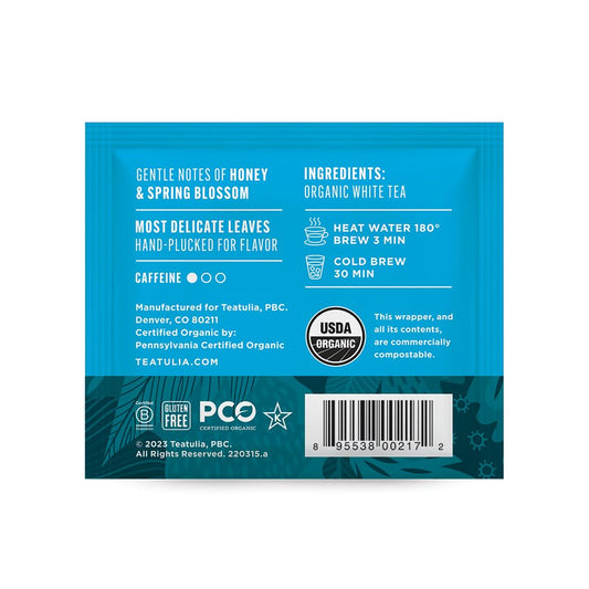 Teatulia Organic White Tea Bags (50 Wrapped Pyramid Sachet Teabags) Sustainably Grown in Bangladesh