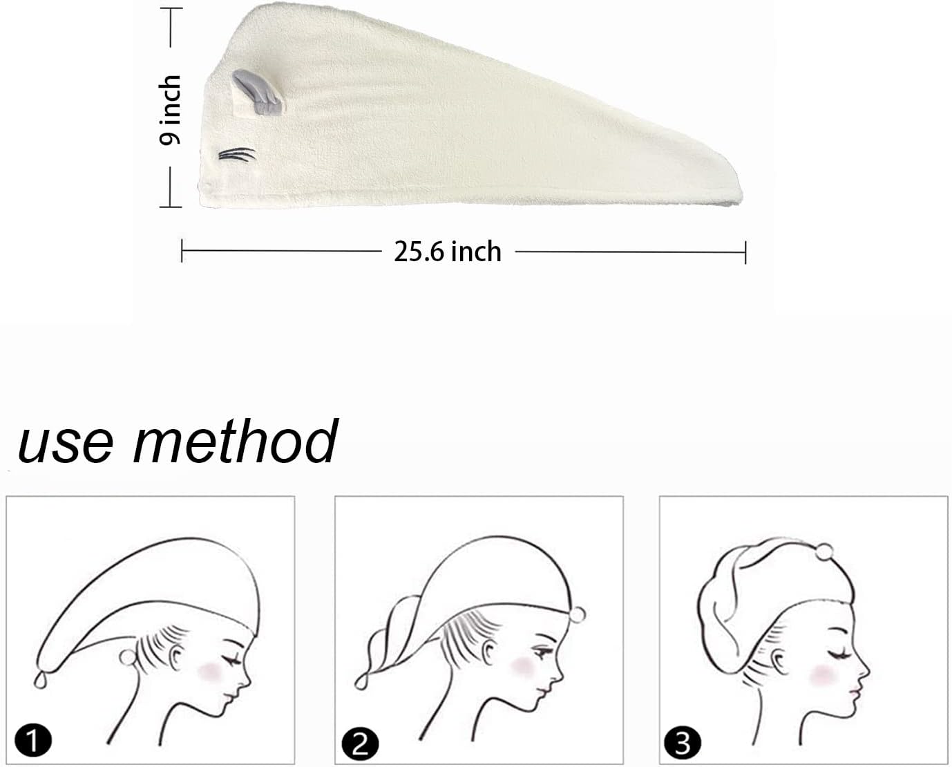 Kids Hair Towel wrap for Girls with cat Ear,Microfiber Hair Towel Quick Drying Hair for Women and Kid Girls,Super Absorbent Quick Dry Bath Shower Dry Head Turban with Button