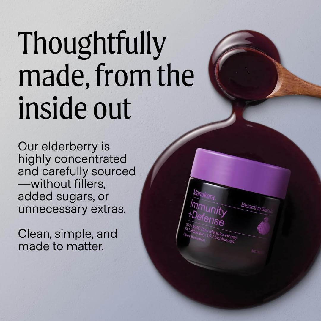 Manukora Immunity + Defense, Elderberry & Echinacea, Raw Manuka Honey, 225g