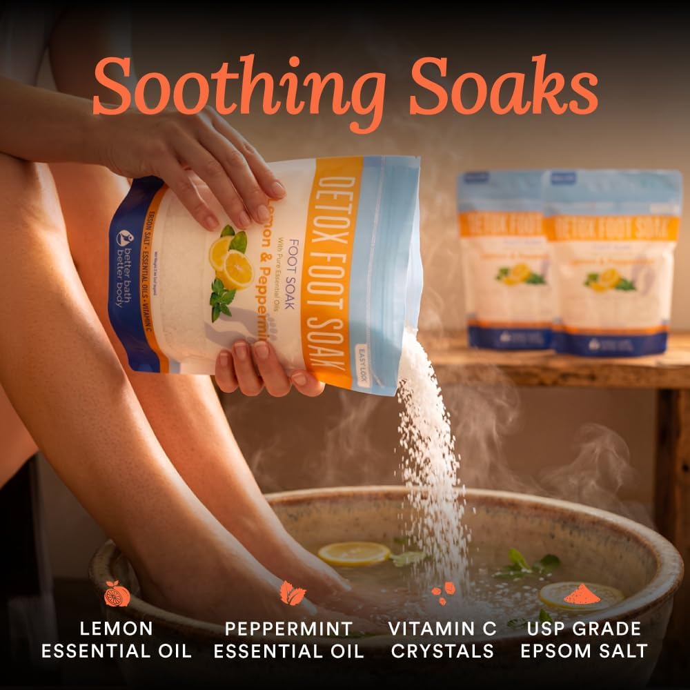 Detox Foot Soak Salts 32 Ounces with Lemon, Peppermint, Lavender Frankincense Essential Oils BPA Free Pouch with Easy Press-Lock Seal Soothe Athletes Foot, Soften Calluses, Relax Tired Feet