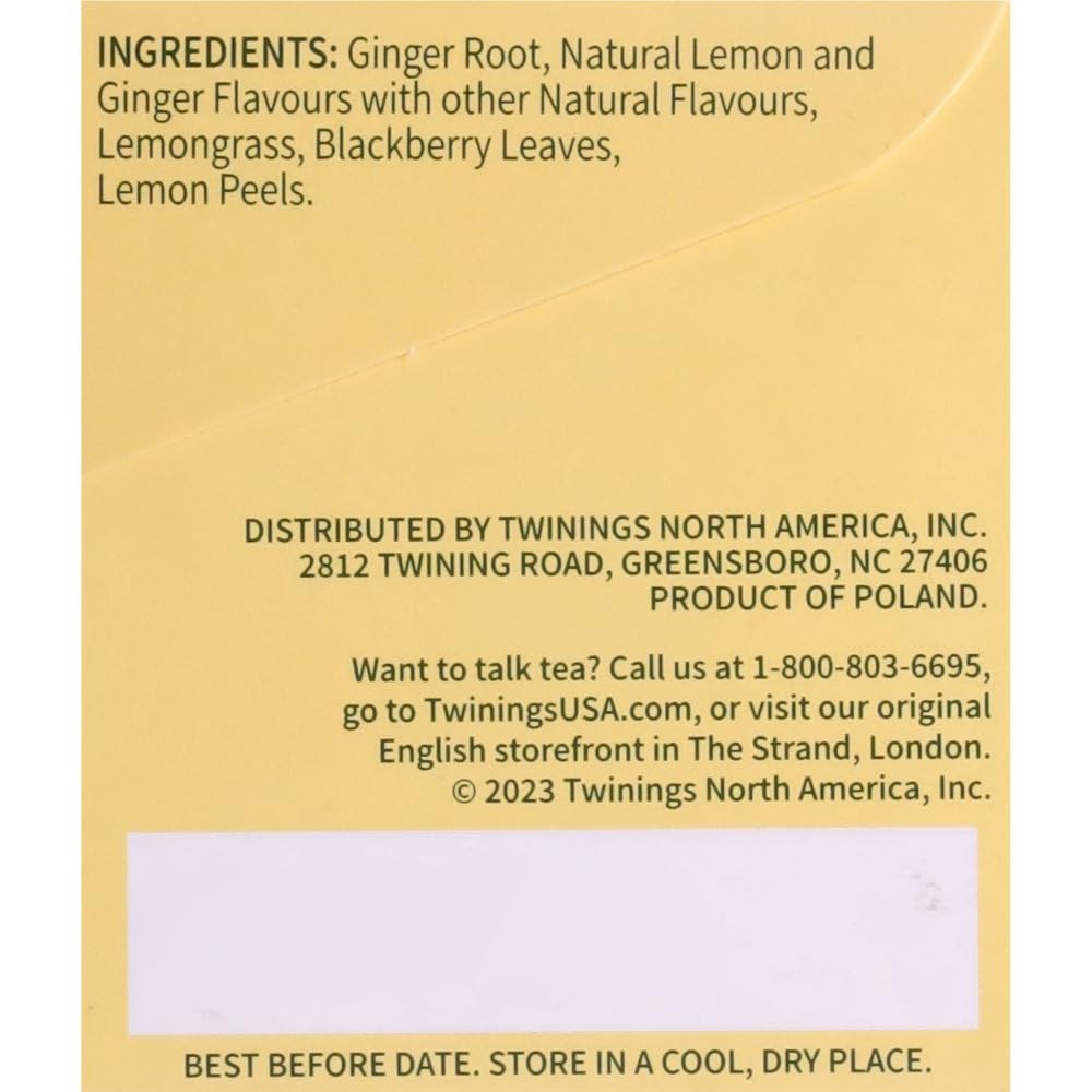 Twinings Lemon & Ginger Herbal Tea Individually Wrapped Bags, 20 Count (Pack of 1), Tangy Lemon, Spicy Ginger, Naturally Caffeine-Free, Enjoy Hot or Iced, 20 Teabags