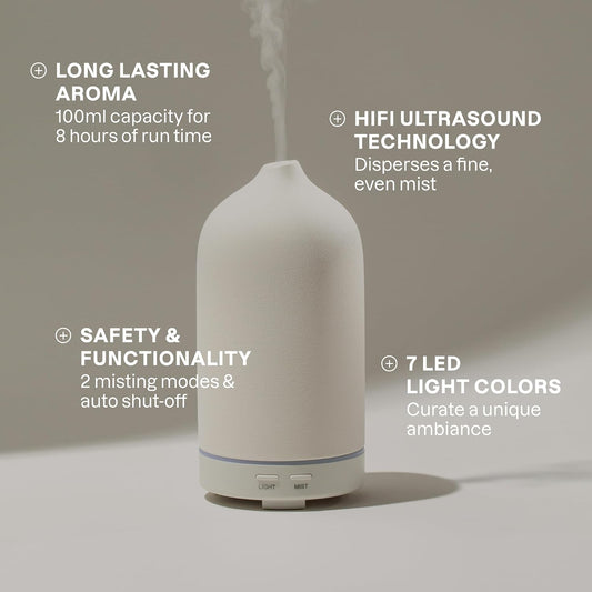 Cliganic Ceramic Diffuser (White), 100ml Ultrasonic for Essential Oils Aromatherapy, Home & Office