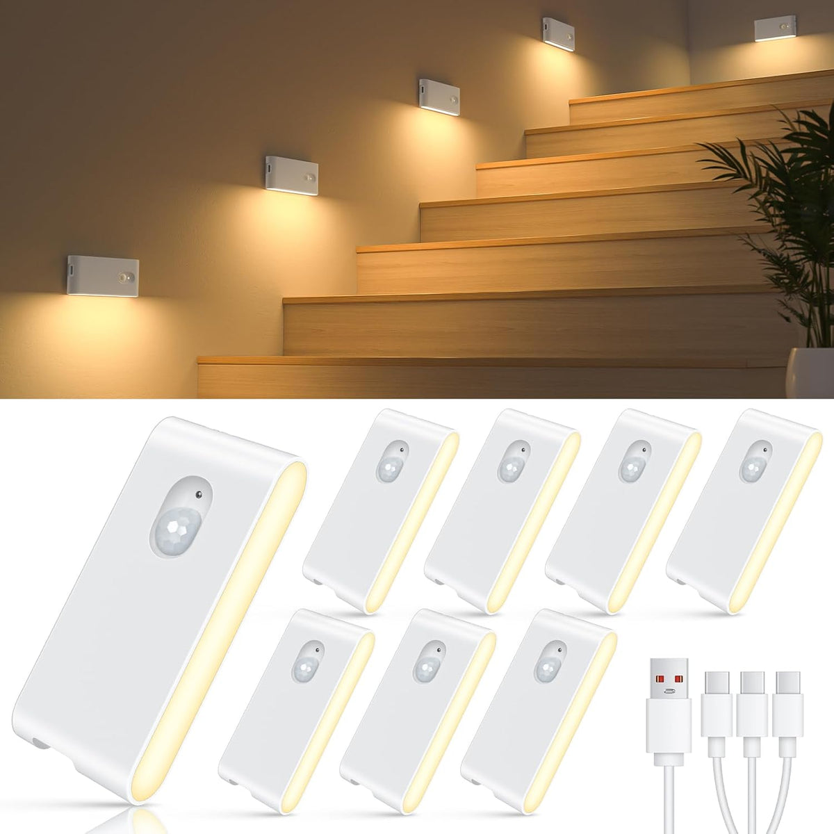 WILLED Stair Lights Indoor,Warm White Rechargeable Night Light,Wireless Motion Sensor Night Light,Battery Stick On Lights for Stairway,Hallway,Kitchen,Closet,Cabinet,Bedroom,Kids' Room