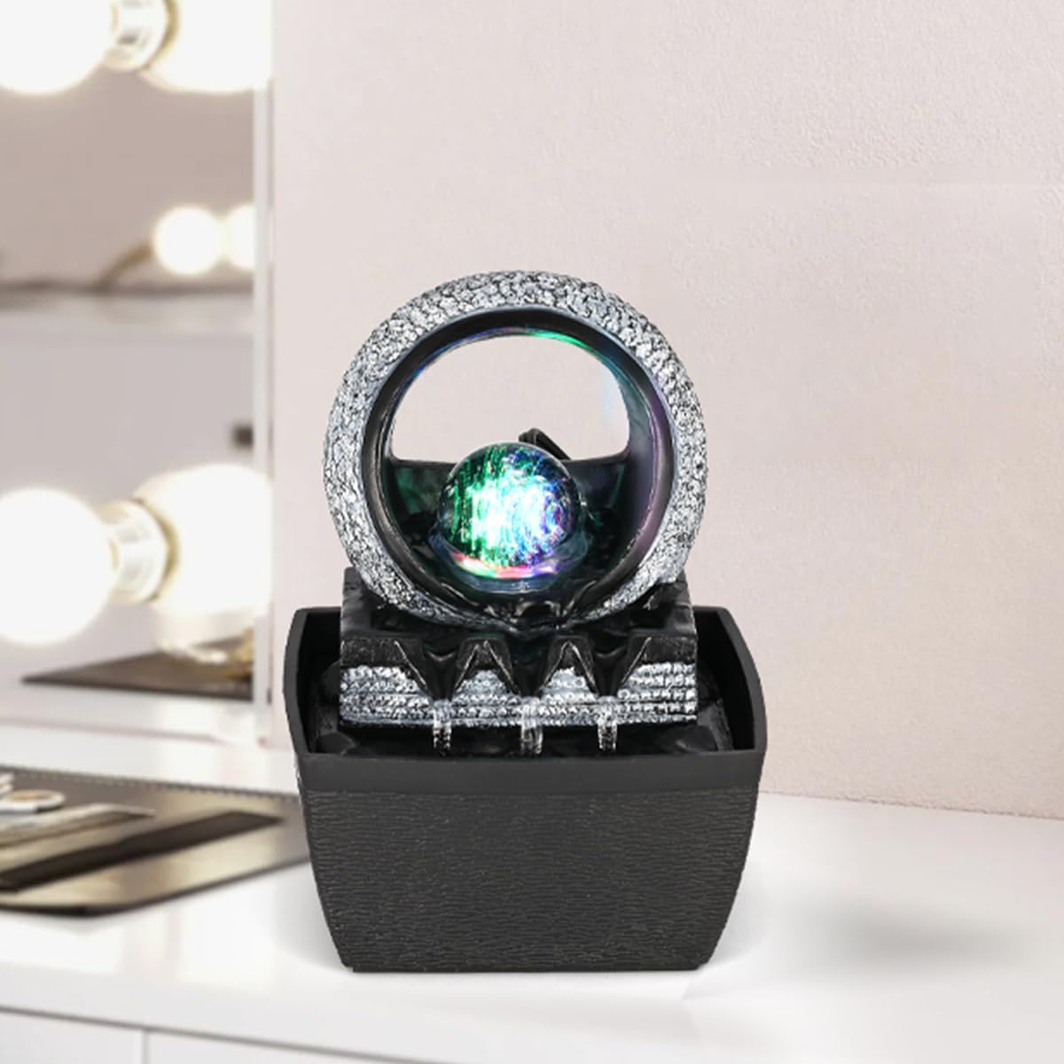 Tabletop Water Fountains, 3 Gears Desktop Fountain Indoor with Led Rolling Ball, Table Top Small Water Feature Interior Zen Relaxation Decor for Home Bedroom Living Room Office Apartment