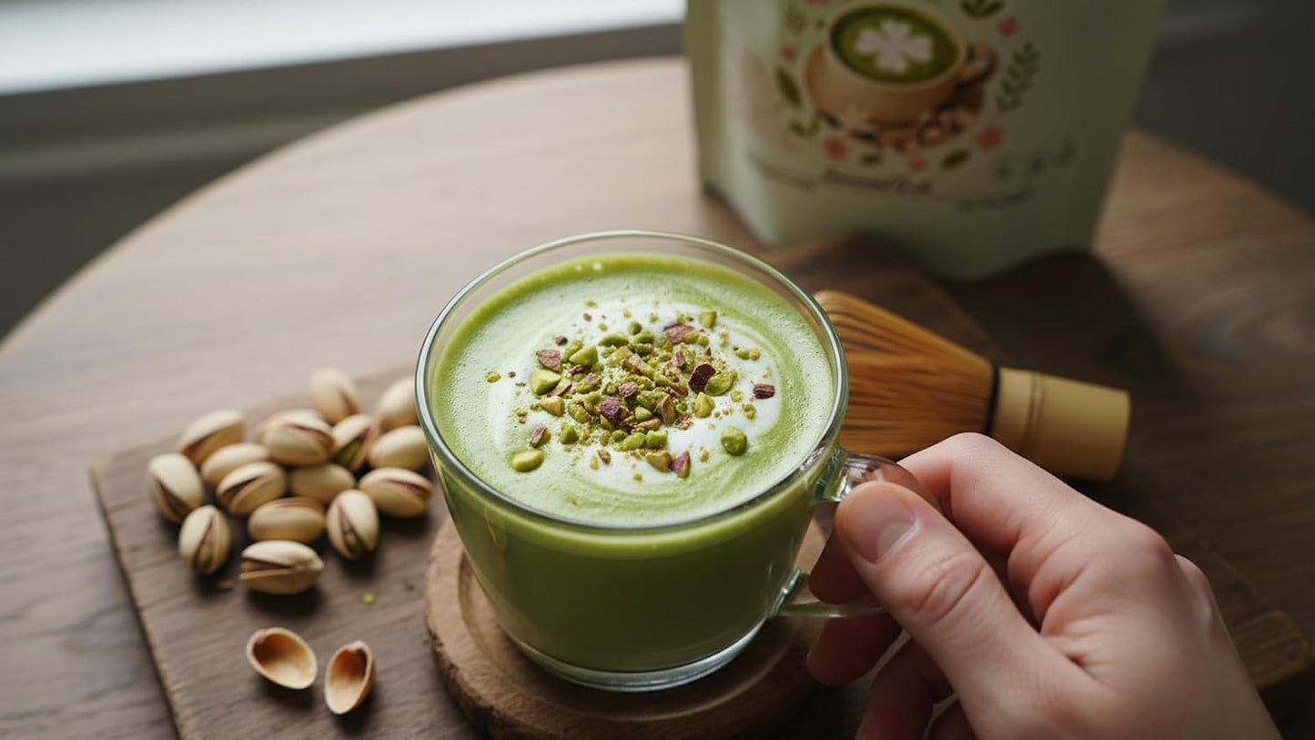 Matcha pistachio Vanilla Latte Mix – Creamy organic Green Tea Drink Powder – Hot or Iced Café Style daily Beverage 80g