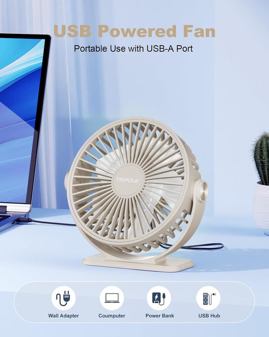 TriPole Desk Fan USB Powered Small Portable Fan, 3 Speeds Adjustable Strong Breeze Mini Personal Fans, 360° Rotation Quiet Plug In USB Fans for Desktop Bedroom Office Table Travel, Black, 4.9ft Cable