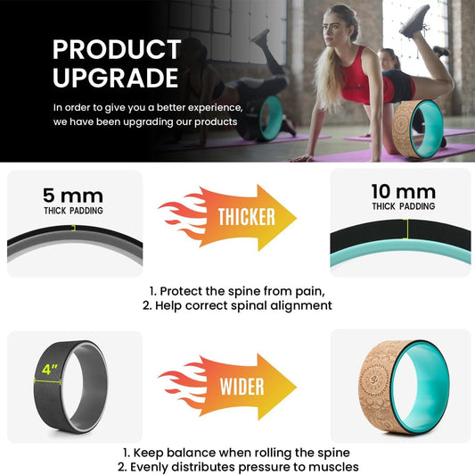 Yoga Wheel Set of 3+1, Upgraded 10MM Thick Back Wheels for Pain Relief & Stretching, Strongest Back Roller for Deep Tissue Massage, Improving Yoga Poses Backbend