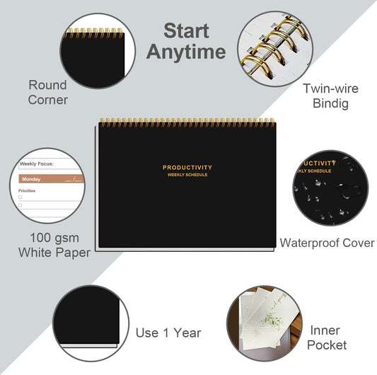 Weekly Productivity Planner - 8" x 11" Dashboard Desk Pad/Planner, Habit Tracker, Spiral Undated Weekly Planner for Office/School/Home, 54 Weeks, Grey
