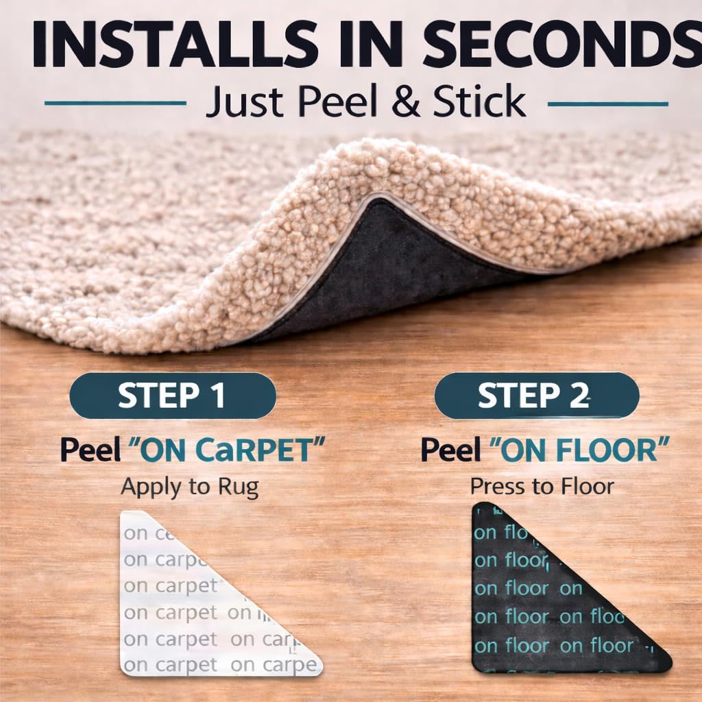 Corner Rug Grippers 12 Pack, Non Slip for Hardwood Tile Laminate, Reusable Adhesive