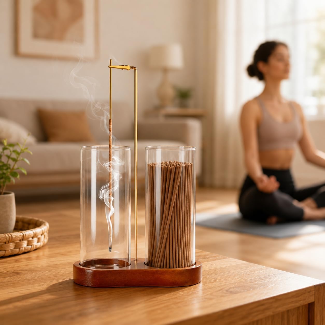 Incense Holder with 2 Tall Glass Bottle,Wooden Base Incense Stick Holder for Desktop,Incense Burner for Ash Collection,Ash Container for Meditation, Yoga, Spa, Home Decor