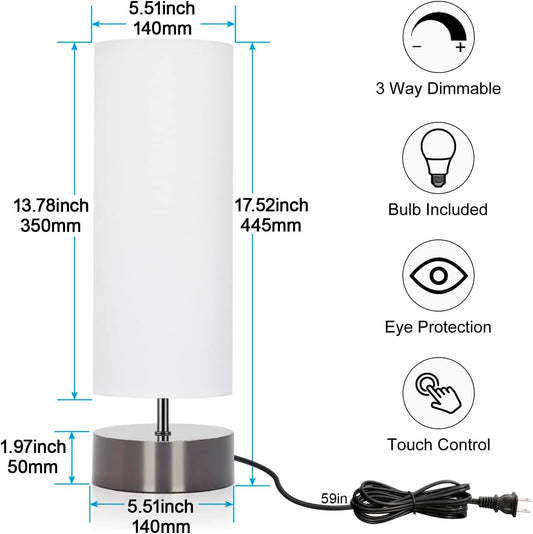 Touch Table Lamp, 3-Way Dimmable Bedside Lamp with Cylinder Fabric Shade
