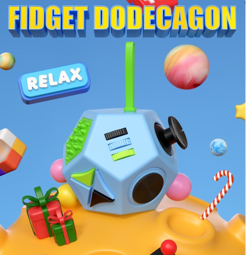 Fidget Dodecagon-12 Sided Fidget Toy Stress Relief Cube for Children and Adults, Silent Compact Classroom Gifts Stocking Stuffers for Teen Boys, Kids(B3 Blue Sky)