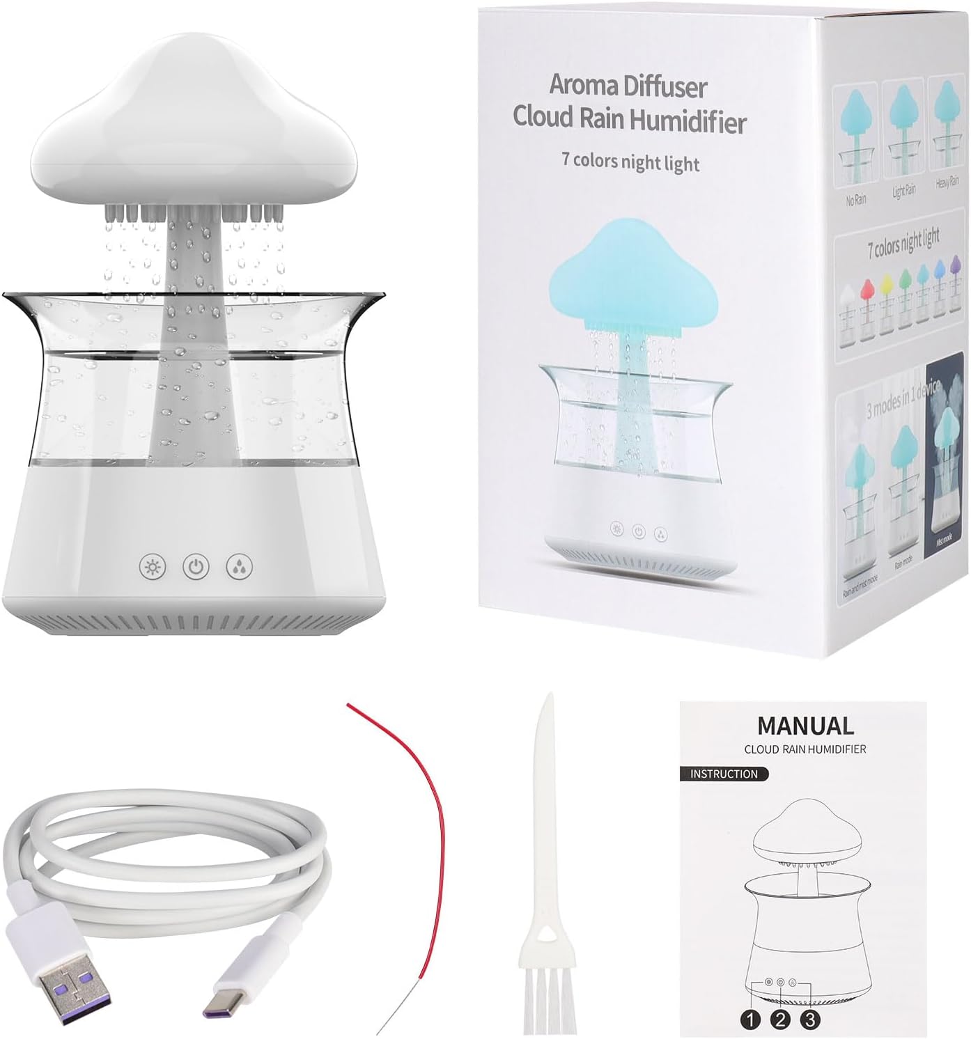 cjc Cloud Rain Humidifier for bedroom with Soothing Rain Sounds Sleep Aid, Waterfall Night Light, Mushroom Design Air Moisturizer,Room Decor Aesthetic for living room (White)