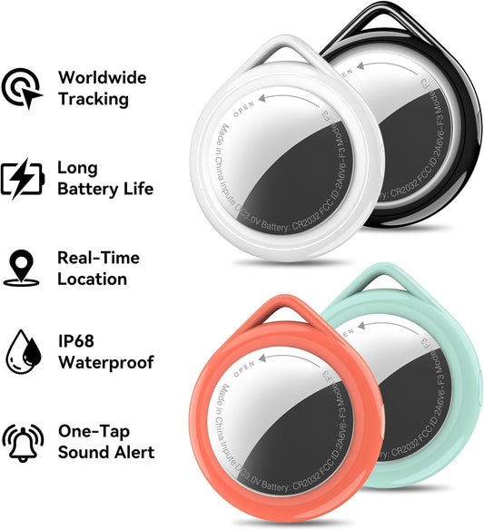 Bluetooth Wallet Tracker 4 Pack, Works with Apple Find My App (iOS Only), IP67 Waterproof Item Finder with Replaceable Battery and Loud Alarm for Keys, Wallet, Luggage, Backpack and Travel Bags