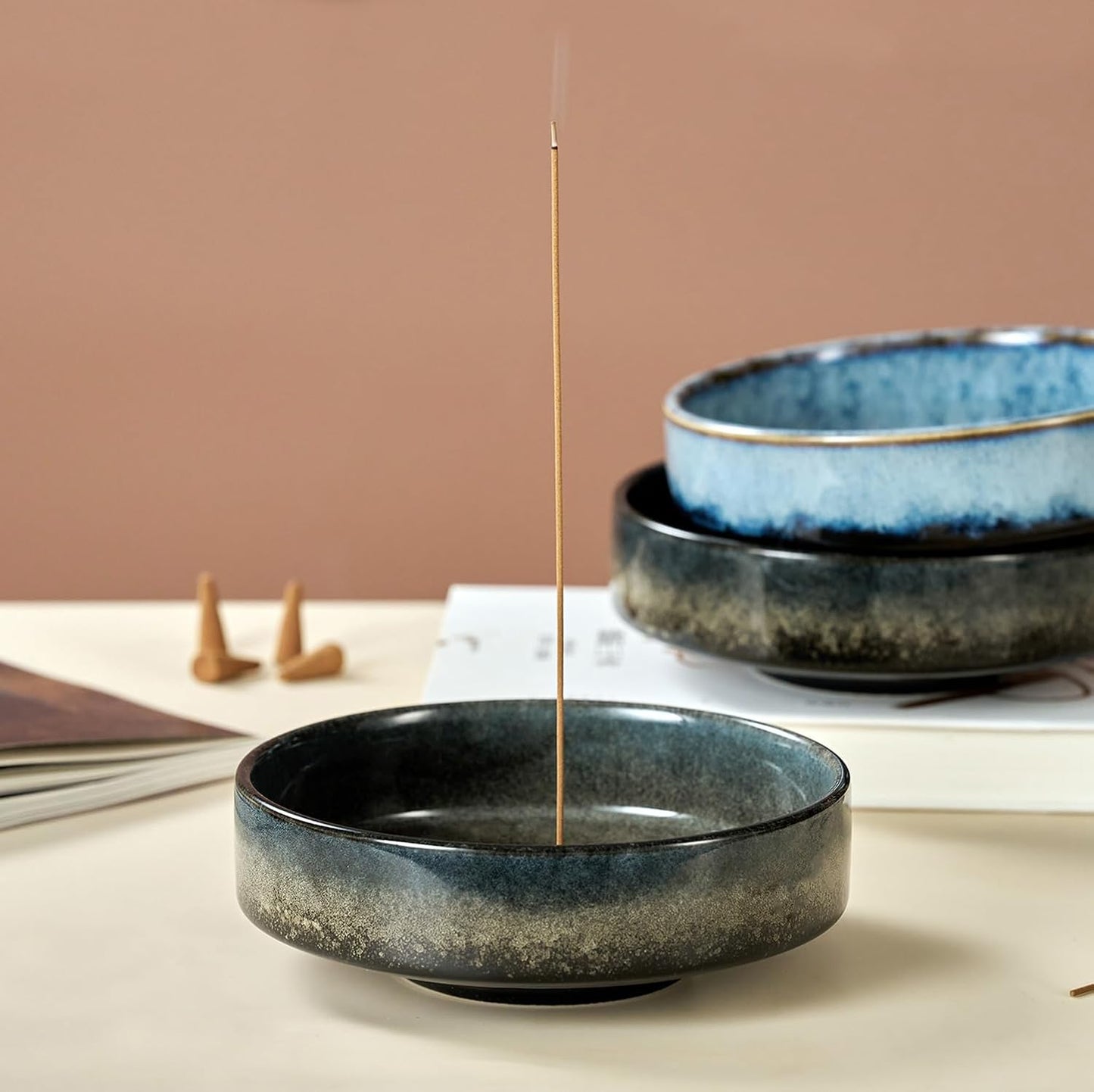 6" Ceramic Incense Holder for Sticks with 10 Holes,5in1 Handmade Flambé Glaze Incense Burner Bowl Ash Catcher for Stick,Coil,Cone,Sage,Palo Santo,Candle - Ideal for Yoga Spa Meditation Home Décor