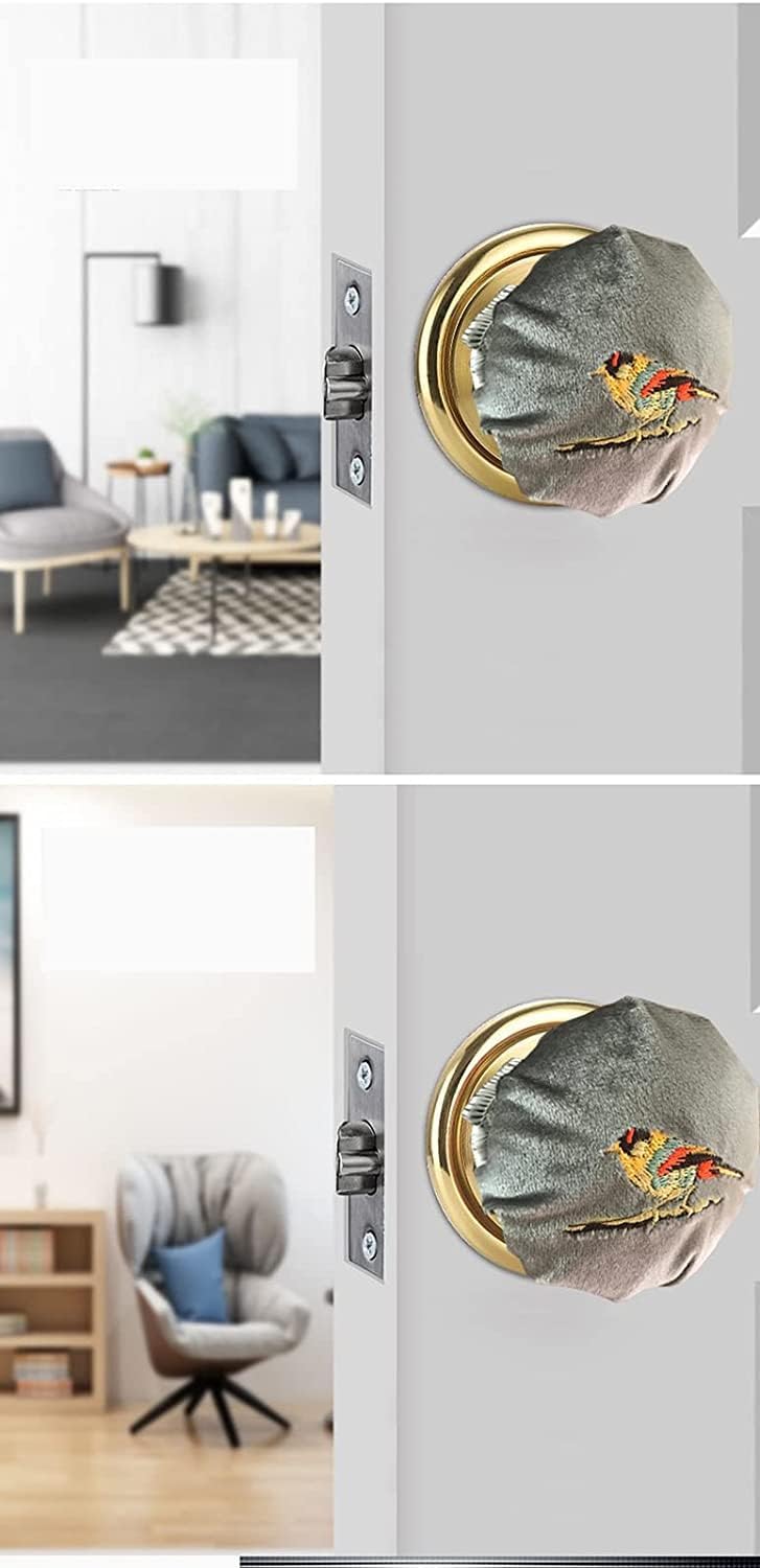 Door Knob Cover Grey with Bird Embroidered 2 PCS, Soft Velvet Wall Protector, Decorative Door Knob Cushion Not to Dent Applicances