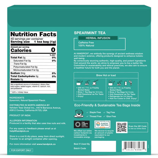 HANDPICK, Spearmint Tea Bags (40 Herbal Tea Bags) |Refreshing Mint Tea | Non-GMO | Round Eco-Conscious Teabags