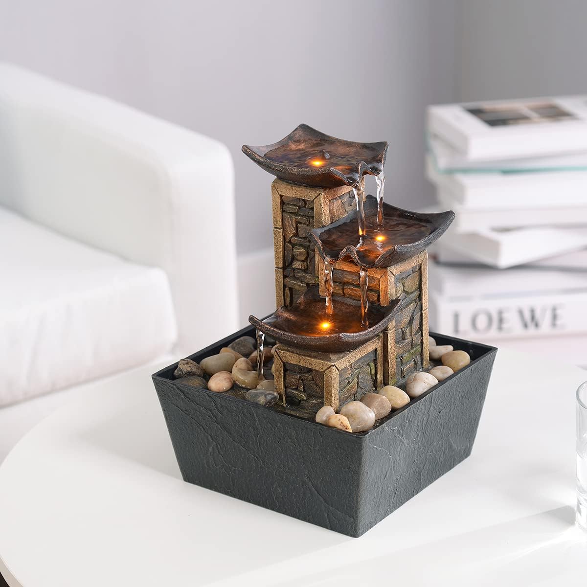 GOSSI Indoor Waterfall Fountain, 10.3" Tabletop Water Fountain with LED Lights & River Rocks, Relaxing Home Office Decor