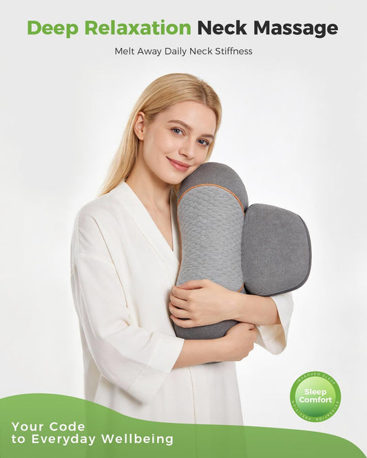 3-in-1 Neck Massager Pillow for Pain Relief Deep Tissue with Heat, Cordless & Rechargeable Massager with Traction for Neck Hump & Shoulder Comfort, Memory Foam Pillow
