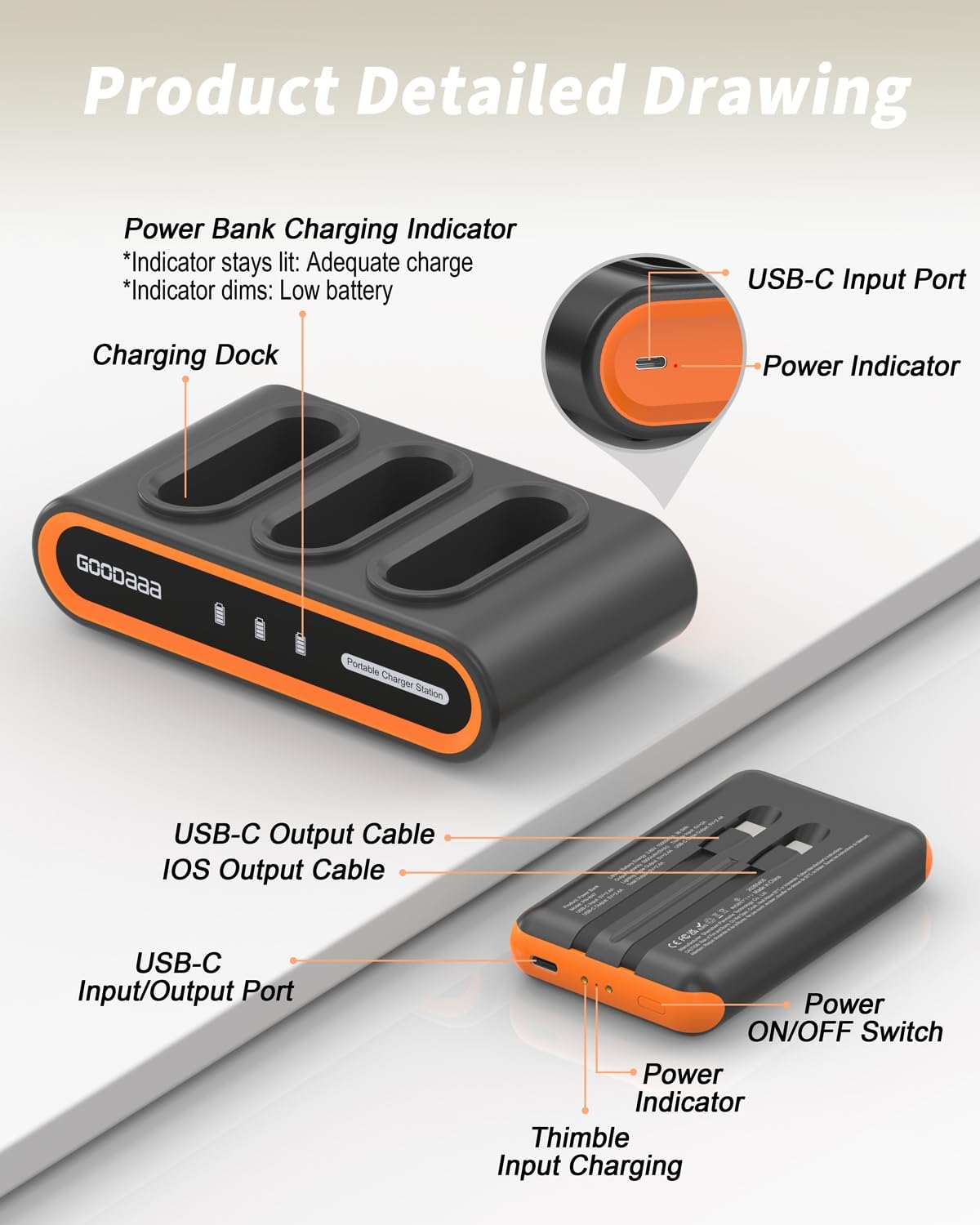 GOODaaa Portable Charger, 10000mAh Slim Power Bank Built in Cables