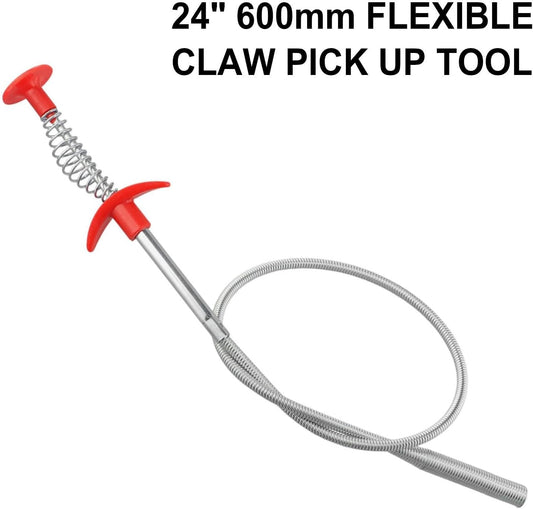 24 Inch Flexible Spring Claw Pick Up Tool, Long Reach Grabber for Small Parts in Restricted Areas, Lightweight 4-Prong Lifting Hand Tool for Dropped Screws and Bolts, Silver Red