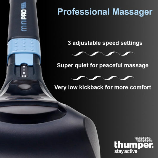Thumper Mini Pro Percussive Massager - Deep Tissue Massage for Muscles, Back, Shoulders, Legs, arms. Powerful Percussion Electric Handheld Massage Therapy Gun with Long Handle and 3 speeds
